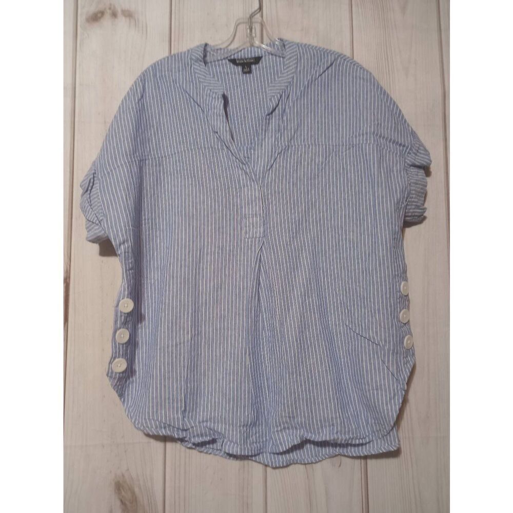 Nicole Miller Shirt Ladies Large Blue Linen Blend‎ Short Sleeve V-Neck